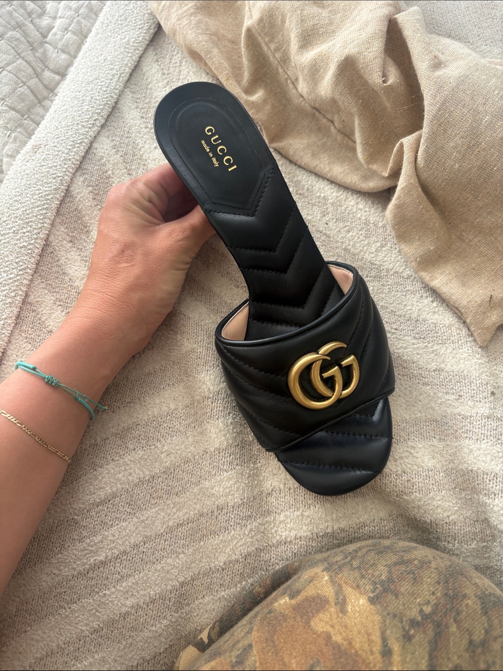 Gucci Black Leather GG Marmont Quilted Slide with Gold Logo